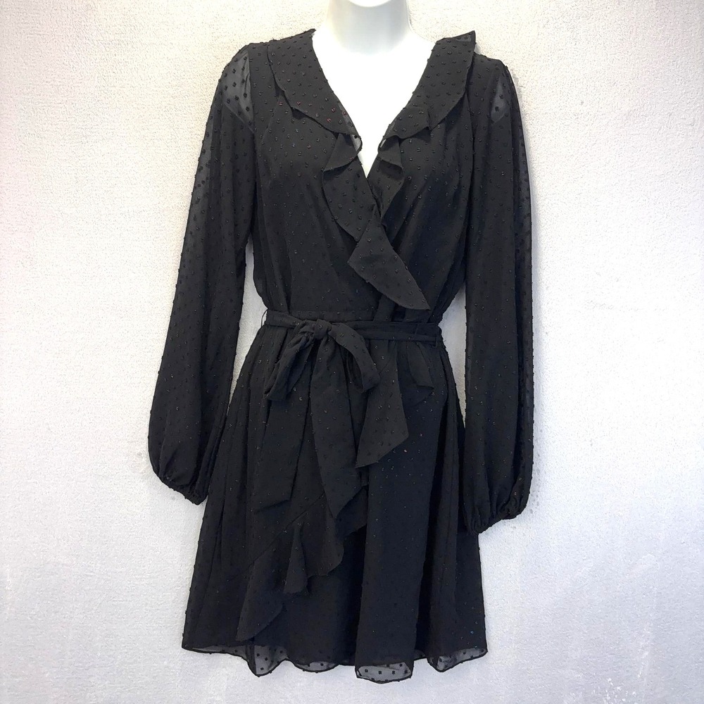 Julia Jordan Swiss Dot Faux Wrap Dress Womens 2 Black Belted Ruffle Knee Rainbow